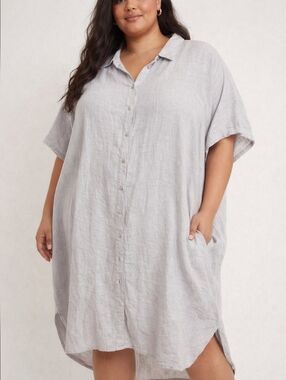 Linen Shirt Dress Plus Size 3x Light Gray Button Front Relaxed Vacation Summer.